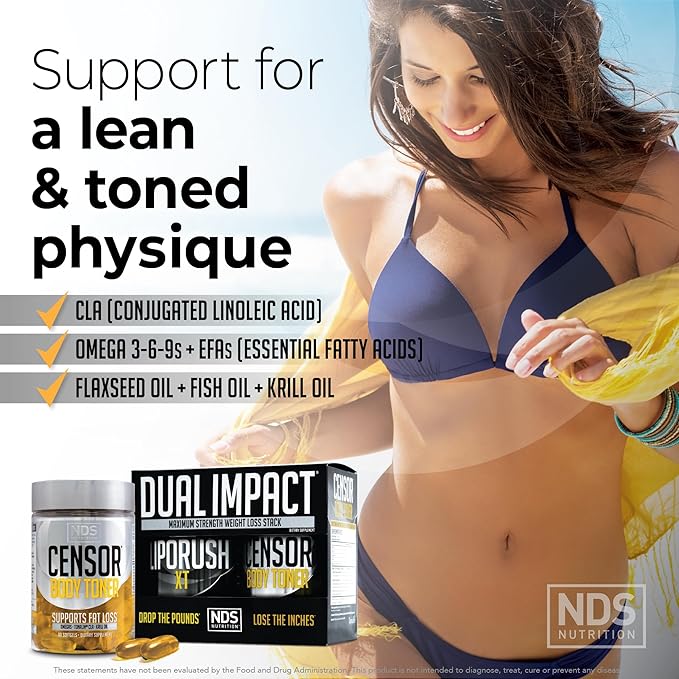 NDS Nutrition Maximum Strength Dual Impact Stack - Powerful 2-in-1 Weight Loss Kit Combines High Energy Fat-Burning XT Thermogenic with Premium CLA Censor Body Toner (60 Caps &amp 90 Softgels)