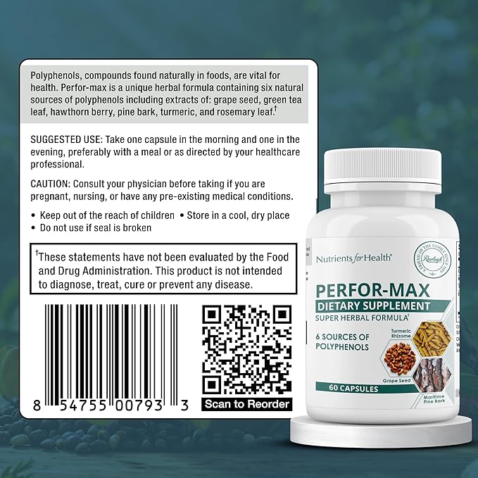 Rawleigh Perfor-Max Antioxidant Blend – Grape Seed Extract Pine Bark Turmeric Green Tea Rosemary &amp Hawthorn – 6-in-1 Polyphenol Complex for Heart Circulation &amp Healthy Aging. 60 Capsules