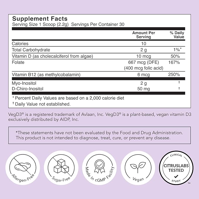 Rael Hormone Balance for Women Inositol Powder Supplement - Vitamin B8 40:1 Proven Ratio Folic Acid for Ovarian Function (30 Servings)