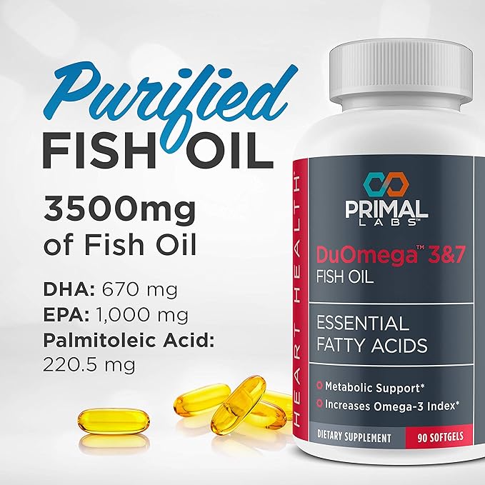 Primal Labs DuOmega 3&amp7 Fish Oil Supplement with Omega 3 and Omega 7 90 Count Capsules