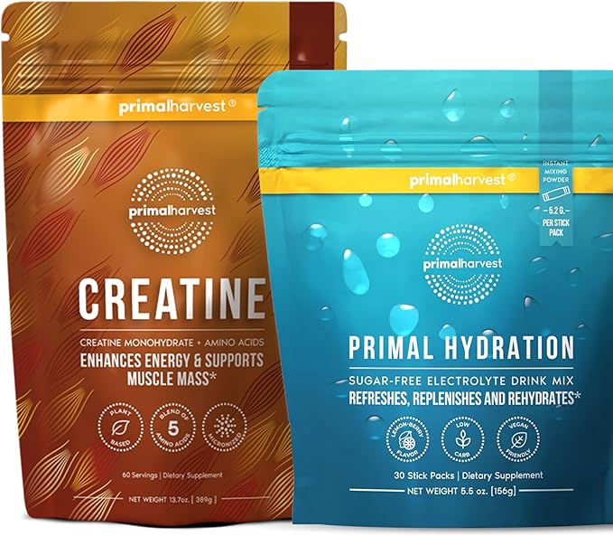 Primal Creatine Powder + Primal Hydration Stick Pack Bundle | 2-Pack | Boost Performance Recovery &amp Electrolyte Balance | 30 Servings Each