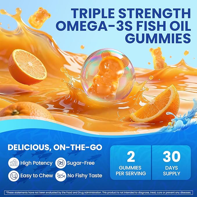 Fish Oil Omega 3 Gummies 1500mg for Adults - Triple Strength with EPA &amp DHA COQ10 Red Yeast Rice - Wild Caught Omega 3 Fatty Acids Supplements for Hḙar-t &amp Brain - Sugar Free Burpless 120