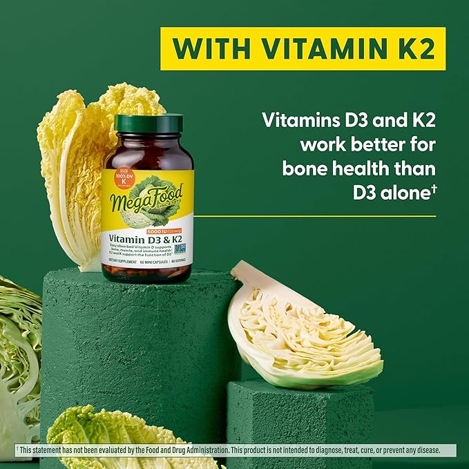 MegaFood Vitamin D3 5000 IU (125 mcg) - Vegetarian Supplements with Vitamin D3 K2 - Supports Bones Teeth Muscles &amp Immune Health - Certified Non-GMO - 60 Mini Capsules 60 Servings (Pack of 2)