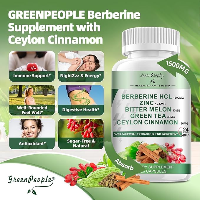 GREENPEOPLE Berberine Supplement with Ceylon Cinnamon - 120 Count Berberine 1500mg Berberine HCL Capsules with Bitter Melon/Artichoke Extracts &amp Natural Herbs for Immune Support 2 Pack