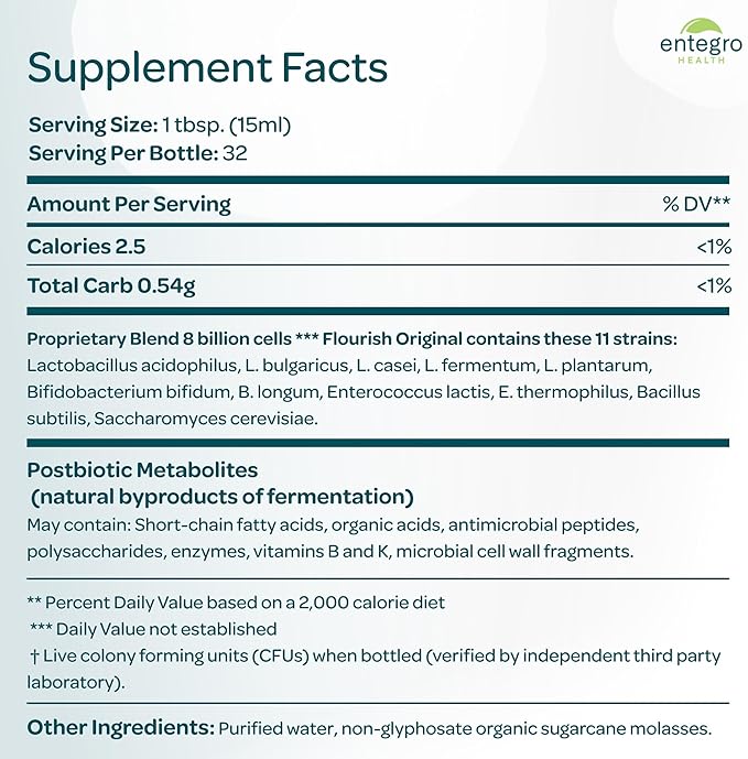 ENTEGRO Flourish Original Liquid Probiotic &amp Postbiotic Supplement - Plastic | 11 Live Cultures | Gut &amp Digestive Health for Women Men Kids | Organic Vegan Allergen Free | USA Made | 16 fl