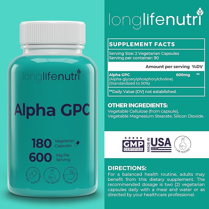 LongLifeNutri Alpha GPC 600 mg &amp Phosphatidylserine 500 mg Bundle – 180 + 180 Veg Caps 3 &amp 3 Month Supplies Cognitive Memory &amp Focus Support Non-GMO GMP Certified Made in USA
