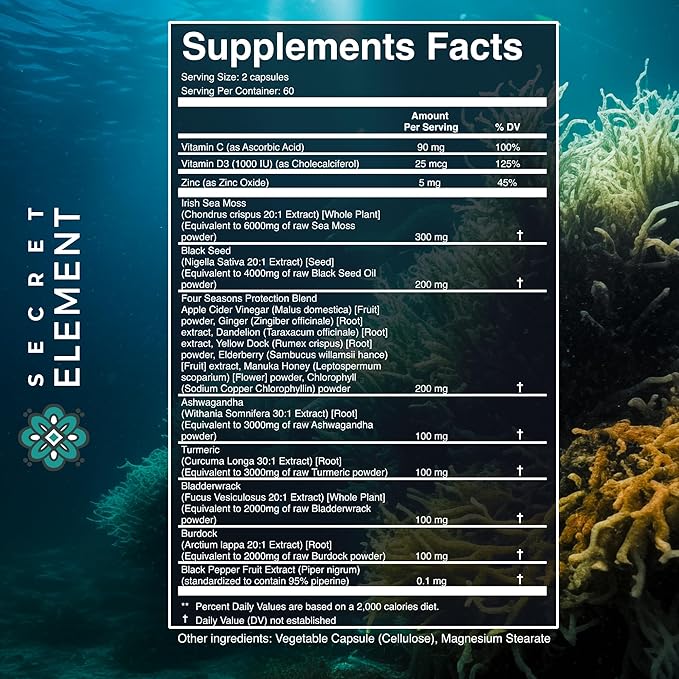 Secret Element Irish Sea Moss Black Seed Oil Ashwagandha Ginger 20000mg Capsules Seamoss Black Seed Oil Ashwagandha Burdock Root All in One Supplement 120 Capsules