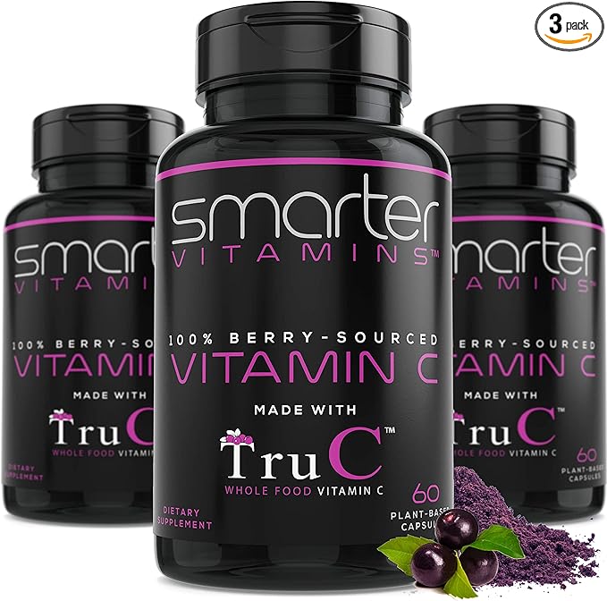 SmarterVitamins (3 Pack) Raw Whole Food Vitamin C Natural Immune Support from Berries Premium Antioxidants Bioflavonoids &amp Polyphenols 180 Vegan Capsules