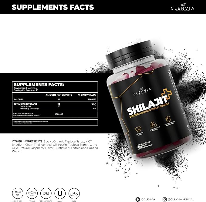 1000mg Sundried Himalayan Shilajit Gummies for Men &amp Women | 100% Organic Non-GMO Raspberry Flavor with 85+ Trace Minerals &amp Fulvic Acid for Energy &amp Immunity – 50 Gummies