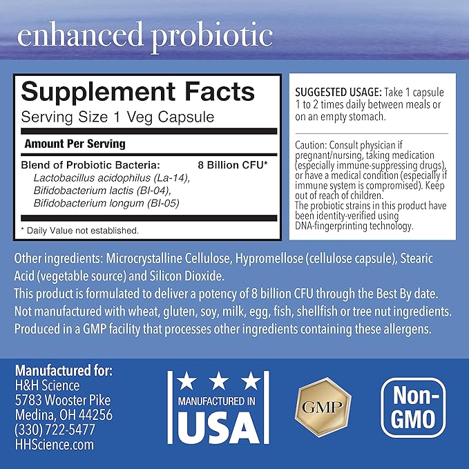Enhanced Probiotic – 8 Billion CFU | Daily Gut &amp Skin Support Supplement – 3 Targeted Strains for Digestive Balance &amp Skin Health | 60 Vegetarian Capsules | Non-GMO*