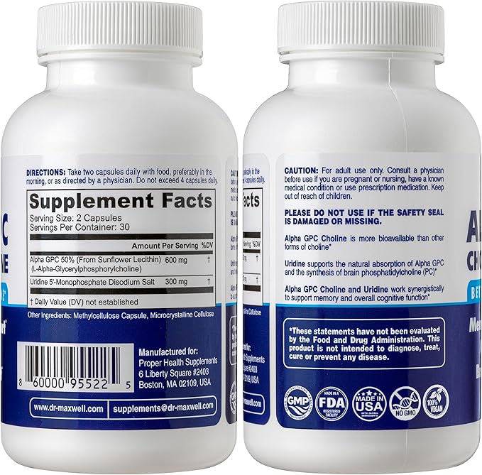 Dr. Maxwell Alpha GPC &amp Uridine 2X 60 Capsules + Phosphatidylserine &amp Bacopa 1x 120 Capsules 2 Months Supply