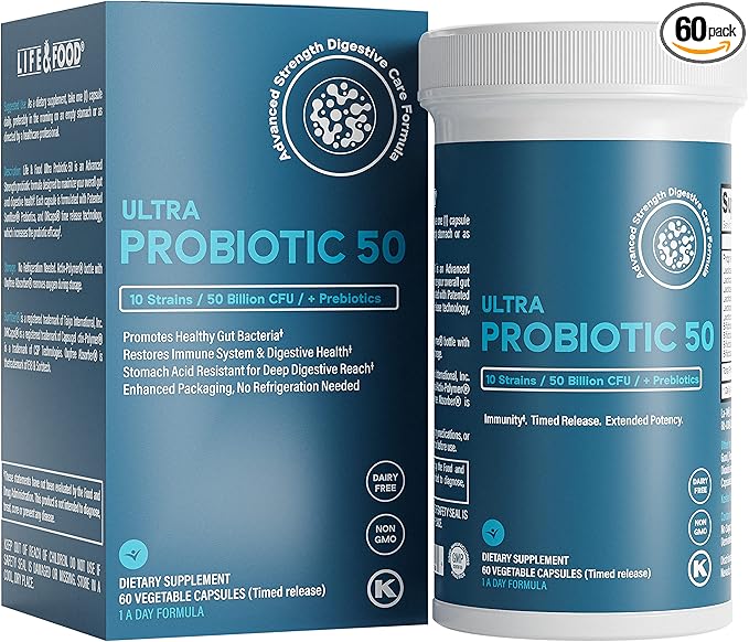 Life &amp Food Ultra Probiotic 50 Billion CFU w/Sunfiber Prebiotics - Once Daily Time Release Caps Shelf Life Protection (60ct)