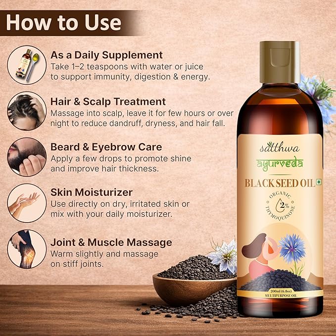 Satthwa Organic Black Seed Oil – Edible High TQ - Lab Tested Cold Pressed Nigella Sativa – For Hair Growth Immunity &amp Skin – 6.8 fl oz
