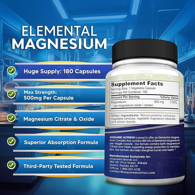 aSquared Nutrition Proprietary Magnesium 500mg – High Absorption Magnesium Citrate &amp Oxide – 180 Veggie Capsules 180 Day Supply – USA Formulated &amp Third-Party Tested