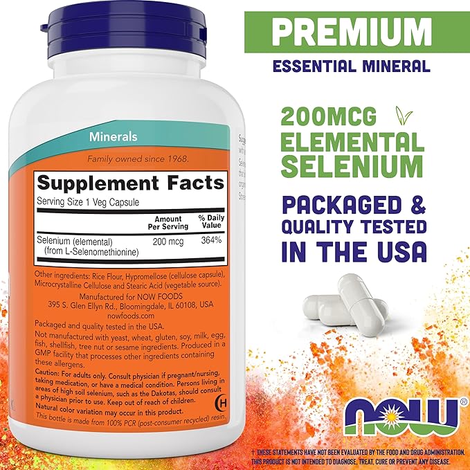 Now Selenium 200mcg Capsules 300 Count (Pack of 2) - L Selenomethionine Mineral Supplement for Women &amp Men - Veg Caps Non-GMO Vegan Friendly Yeast-Free