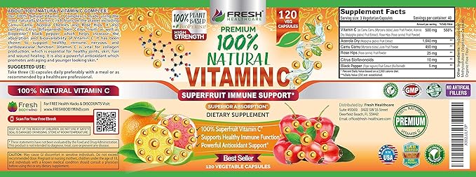Fresh Healthcare Whole Food Vitamin C 500mg - Natural Supplement from Rose Hips Acerola Cherry &amp Camu Camu - with Citrus Bioflavonoids for Immune Support - 120 Vegan Capsules