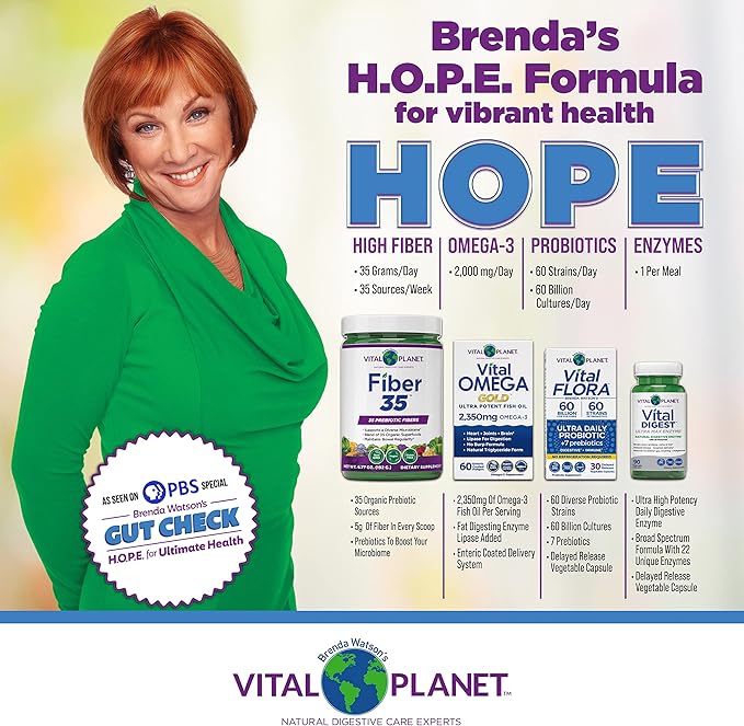 Vital Planet – Gut Check Hope Formula Kit by Brenda Watson - 4 Product Package with Women 55+ Probiotic 30 Cap Fiber 35 Powder 6.7oz Vital Omega Oil 60 Softgels and Digestive Enzyme 90 Cap