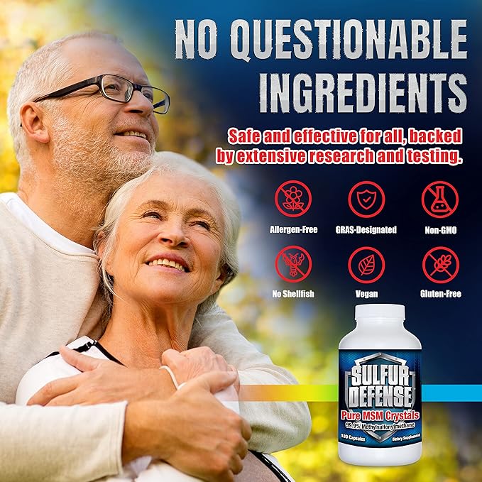 Sulfur Defense Opti-MSM 99.9% Pure MSM Powder Capsules Made in USA Organic Methylsulfonylmethane non-GMO Gluten-Free Immune System Booster Soothes Joint Pain Younger Skin Hair Nails 180 caps