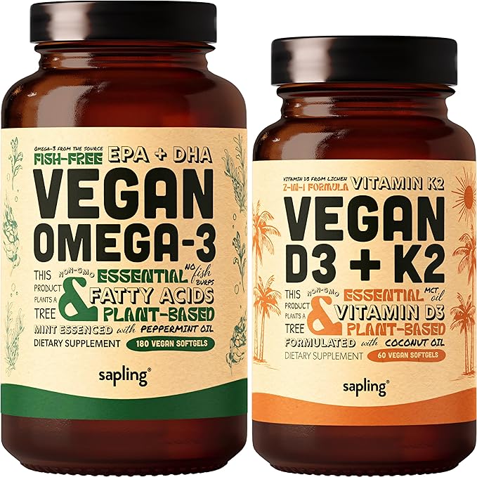 Vegan Omega 3 180 Softgels &amp Vegan Vitamin D3 + K2 Supplement Bundle - Plant-Based DHA &amp EPA Fatty Acids 4000 IU Vitamin D3 and 100mcg Vitamin K2 as Mk7 - Tapioca Softgels