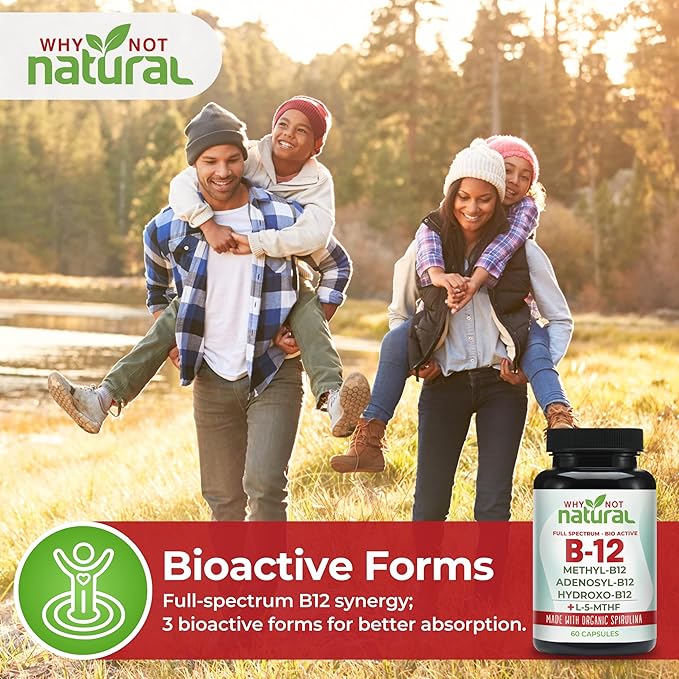 Why Not Natural Vitamin B12 5000 mcg Supplement with Methylcobalamin Adenosylcobalamin and Hydroxy B12 Complex with Methylfolate 1000 mcg L-5-MTHF Made with Organic Spirulina