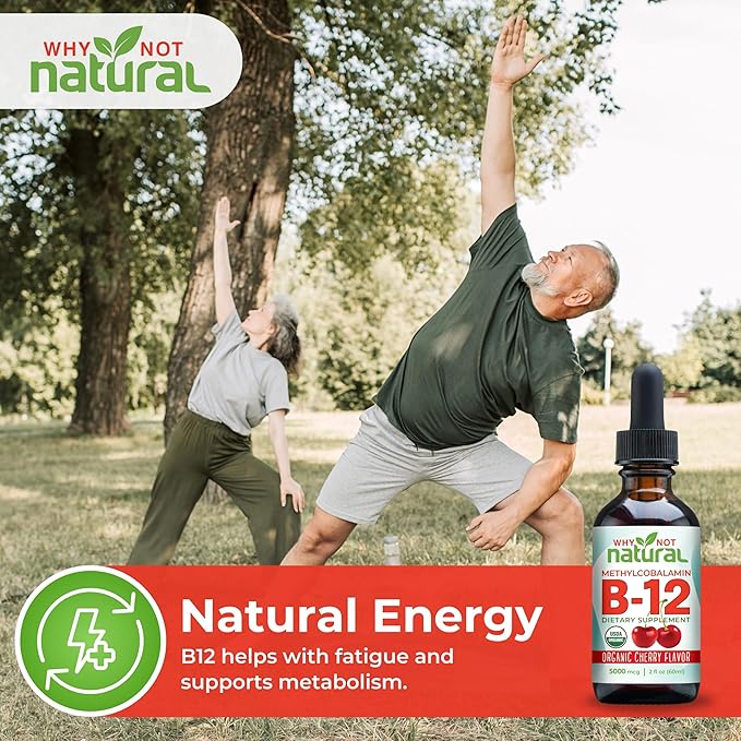 Why Not Natural Organic Vitamin B12 Liquid - Sublingual Extra Strength 60 x 5000 mcg Methylcobalamin Drops Vegan Maximize Absorption and Energy