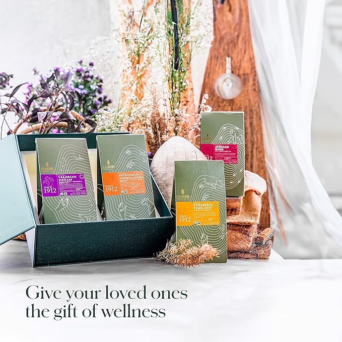 Luxmi Estates - Tea Set - All Day Wellness - 4 Packs with Valerian Ashwagandha Turmeric Ginger and Hibiscus Rose Tea | Gift for him | Gift for her