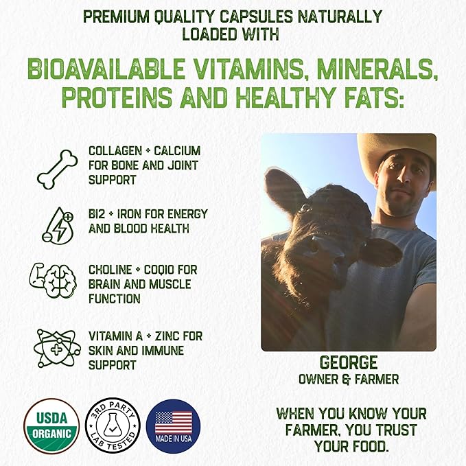 Grassfat Farm - USDA Certified Organic 100% Grassfed Beef Organ Supplements - Whole Cow with Nothing Added - Beef Liver Kidney Lungs Heart Bone &amp Muscle - NO Uterus or Fallopian - 30-Day Suppl