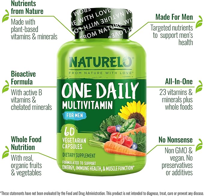 NATURELO Mens Multivitamins - One Daily Multivitamin for Men with Vitamins Minerals &amp Organic Whole Foods Boost Energy &amp Health Non-GMO 60 Vegetarian Capsules