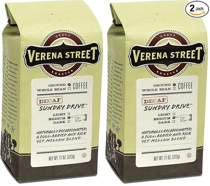 Verena Street 11 Ounce Ground Swiss Water Process Decaf Coffee Sunday Drive Decaffeinated Medium Roast Rainforest Alliance Certified Arabica Coffee (Pack of 2)