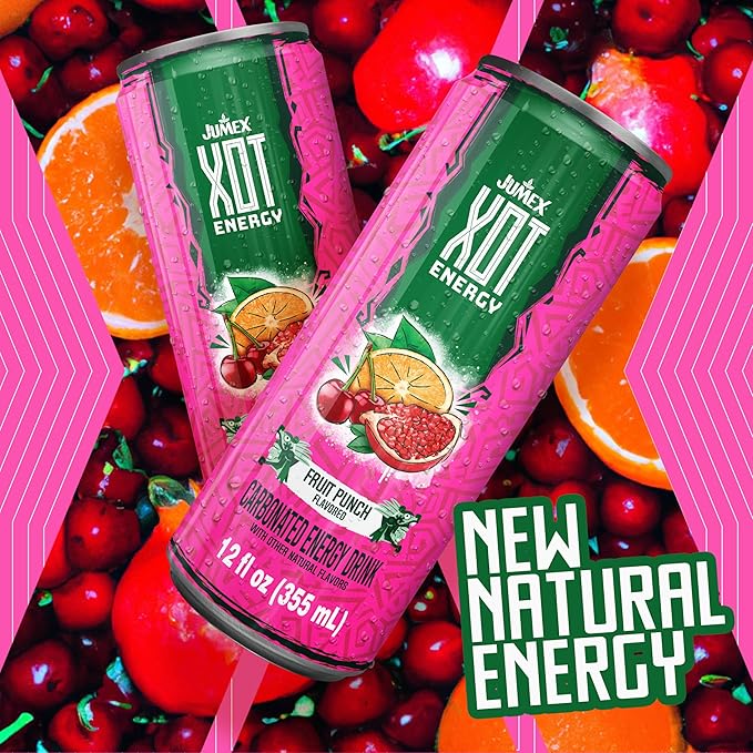 Jumex XOT Energy Drink - Fruit Punch - Natural Caffeine from Mexican Coffee Beans - Carbonated Preworkout with Vitamin B2 B3 B5 B12 - Mexican Drinks - Bebidas Energéticas - 12 Fl oz 12 Pack Cans