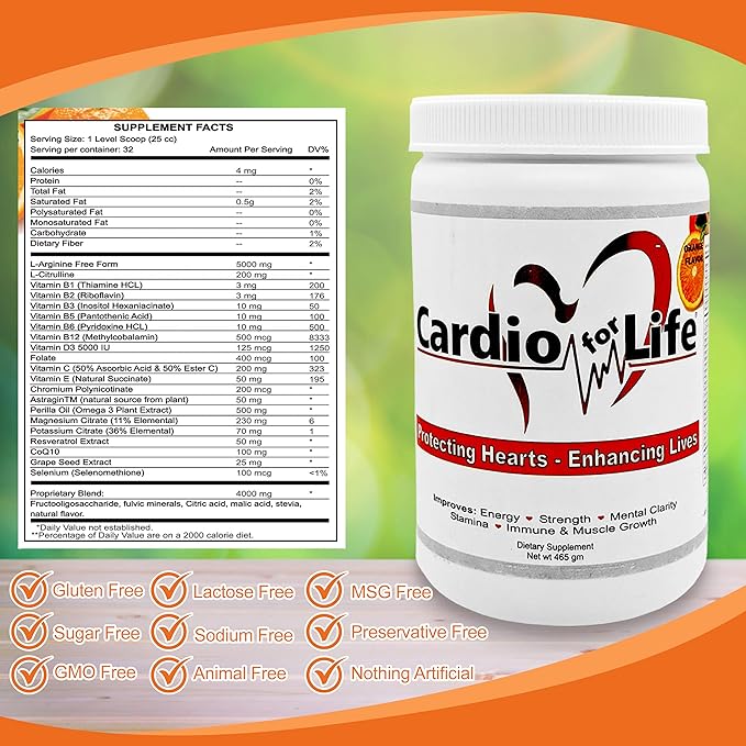 Health Guardian Cardio for Life L-Arginine Powder 16oz - Natural Nitric Oxide Supplement Cardiovascular Increase Energy - Orange