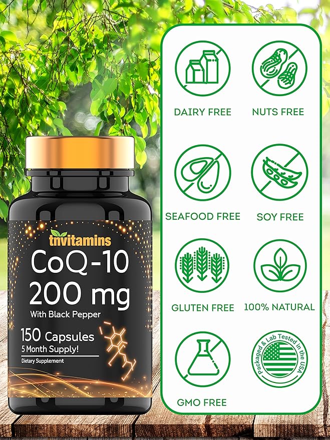 tnvitamins CoQ-10 200mg - 150 Capsules with Black Pepper Extract | 5 Month Supply! | Powerful Free Radical Fighting Antioxidant | Max Absorption Rapid Release Capsules | Coenzyme Q-10 200 mg