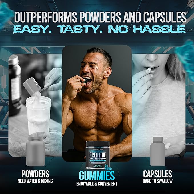 Creatine HCl 3000mg Per Serving - Raspberry Flavor - Vegan Gummies (90 Count Single Pack)