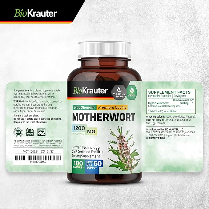 BIO KRAUTER® Perimenopause &amp Menopause Supplements for Women* - Vegan Motherwort Capsules 1200 mg/Serving 50-Day Supply for Natural Calm &amp Women's Wellness - No Fillers Non-GMO - 100 Calm Cap