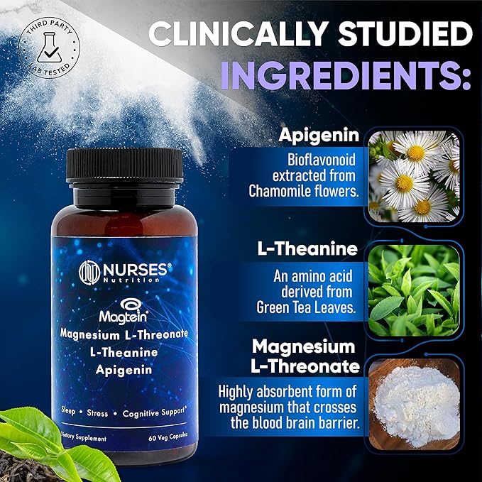 Clinically Studied – Premium High Absorption Magnesium Sleep Supplement – Magnesium L-Threonate L-Theanine Apigenin – Sleep &amp Stress Support – Third Party Tested – Made in USA – Gluten Free