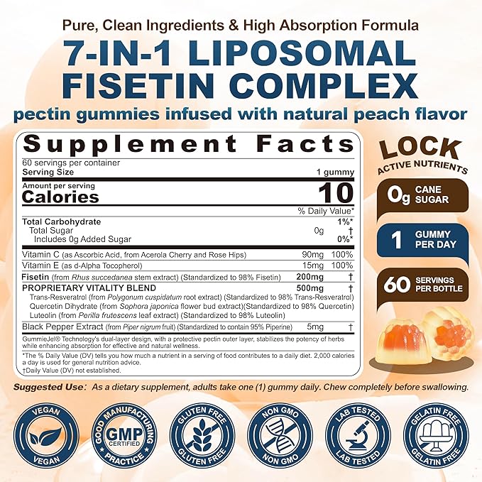 Liposomal Fisetin Complex Gummies - Healthy Aging &amp Cellular Renewal Support - 98% Purity Fisetin Supplement w/Trans-Resveratrol Quercetin Luteolin Vitamin C &amp E 1-A-Day Vegan 120 Serving