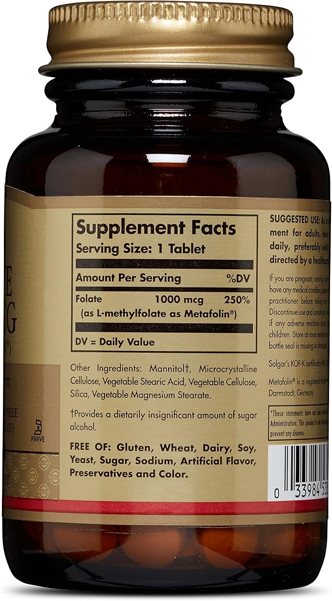 Solgar Folate 1000 mcg 120 Tablets - 1000 mcg Bio-Active Metafolin - Vegan Gluten Free Dairy Free Kosher - 120 Servings(Pack of 2)