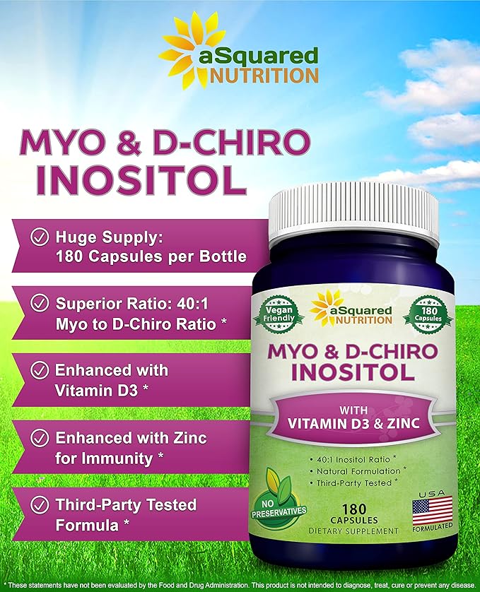 aSquared Nutrition Myo-Inositol &amp D-Chiro Inositol Supplement - 180 Capsules - Plus Vitamin D3 and Zinc - Myo &amp D-Chiro Inositol 40 to 1 Ratio - VIT B8 Complex Pills