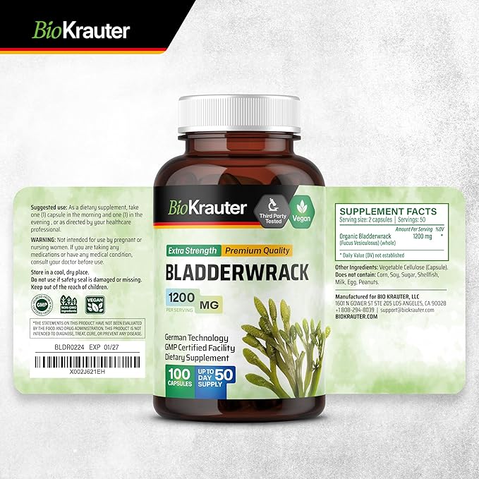 BIO KRAUTER® Bladderwrack for Thyroid Support - Vegan Iodine Supplement 1200 mg per Serving - Bladderwrack 100 Capsules 50 Days of Supply Non-GMO - Natural Seaweed Supplement