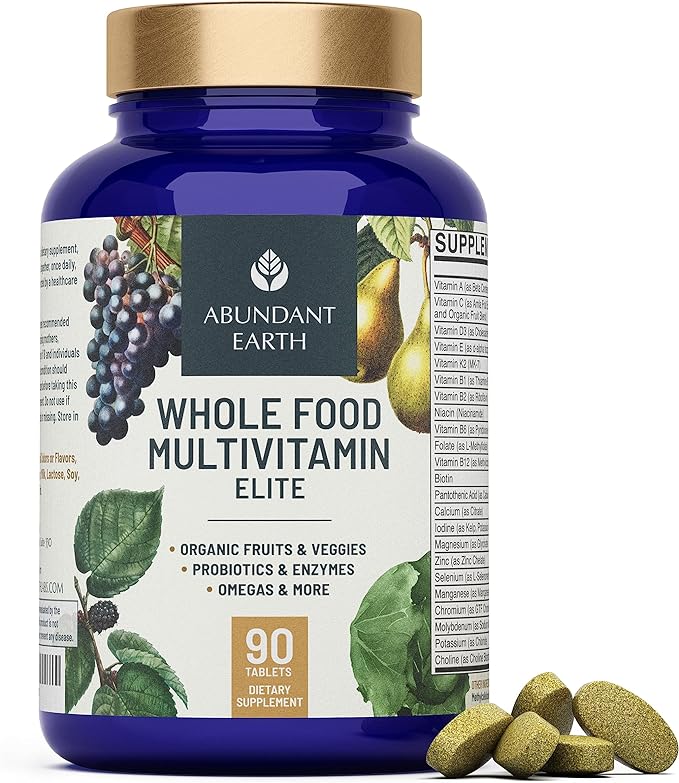 Abundant Earth Whole Food Multivitamin for Women Daily Multi Vitamins Supplements for Men/Mens Multivitamins + B Complex Probiotic Multi Enzyme Omegas for Organic Energy Mood Digestion 90ct
