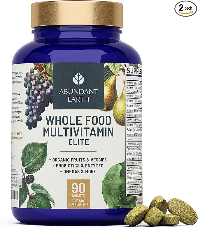 Abundant Earth Whole Food Multivitamin for Women Daily Multi Vitamins Supplements for Men Mens Multivitamins + B Complex Probiotic Multi Enzyme Omegas for Organic Energy Mood Digestion 90ct-2pk