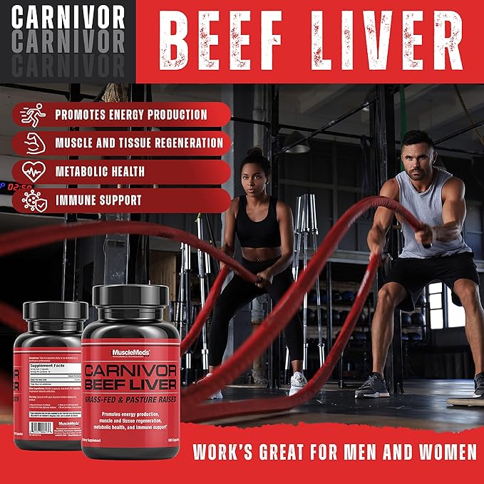 MuscleMeds Carnivor Beef Liver Capsules Energy Production Muscle Recovery Immunity Non-GMO Liver Health Supplement Grass Fed 180 Capsules