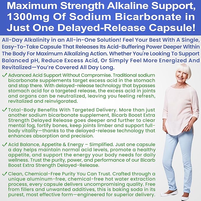 Bicarb Boost Sodium Bicarbonate Capsules Extra Strength 1300mg Organic Use Delayed-Release Sodium Bicarbonate Tablet Kidney Alkalinity Health Pure Baking Soda Tablet 120 Sodium Pills