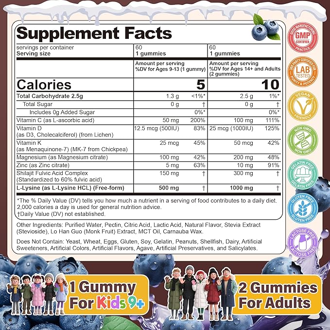 L-Lysine 1000mg Gummies for Immune Support &amp Skin Health Adults &amp Kids 9+ Vegan Lysine Chewables with Magnesium D3 Zinc &amp Vitamin C Collagen Production Lip Oral Bone Health Sugar F