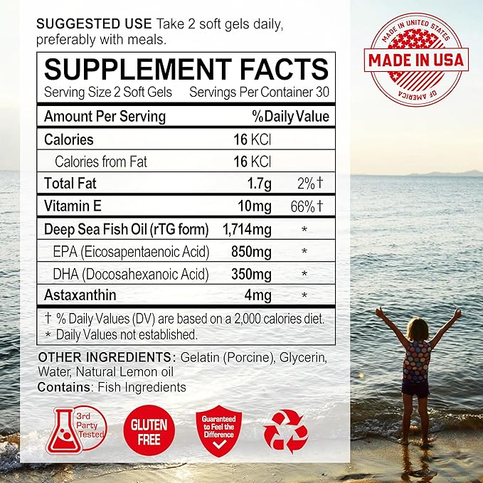 NANOWELL Red Omega-3 with Astaxanthin DHA &amp EPA - Immune Support Fish Oil - 60 Softgels X 1 Bottle (60 Count)