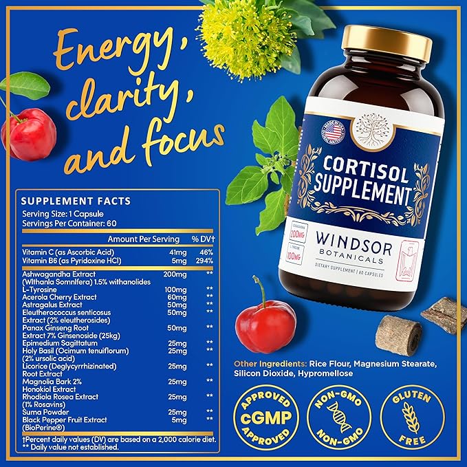 15-IN-1 Cortisol Supplements for Women &amp Men - Cortisol Reducer Manager with Ashwagandha Acerola L-Tyrosine Vitamin C B6 - Mood Stress Relief Restful Sleep Support - 60 Capsules 60-Day Sup