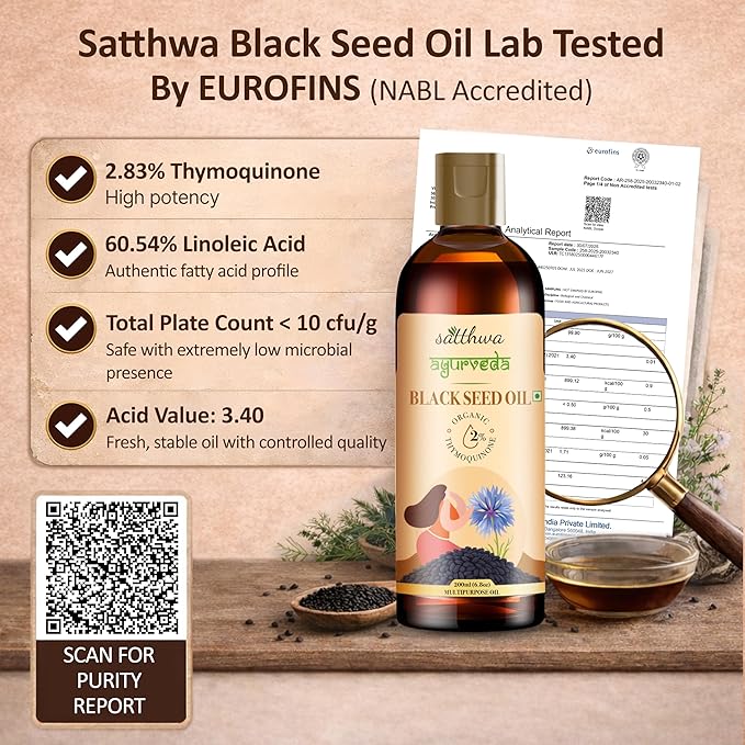Satthwa Organic Black Seed Oil – Edible High TQ - Lab Tested Cold Pressed Nigella Sativa – For Hair Growth Immunity &amp Skin – 6.8 fl oz