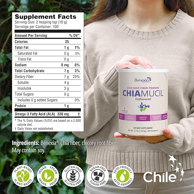 Chiamucil Prebiotic Chia Fiber Supplement Powder – For Appetite Control &amp Digestive Health – Chia Fiber &amp Chicory Root (Inulin) – Gluten &amp Sugar Free Vegan Non-GMO Unflavored - 100 serv