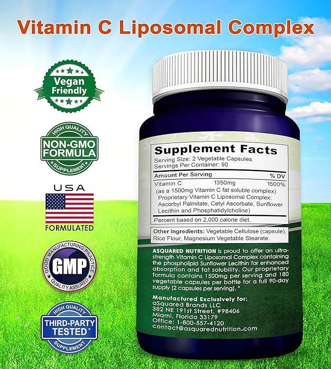 aSquared Nutrition Vitamin C Liposomal Complex - 1500mg Supplement - 180 Capsules - High Absorption VIT C Ascorbic Acid Pills - Supports Immune System &amp Collagen Health - 90 Servings