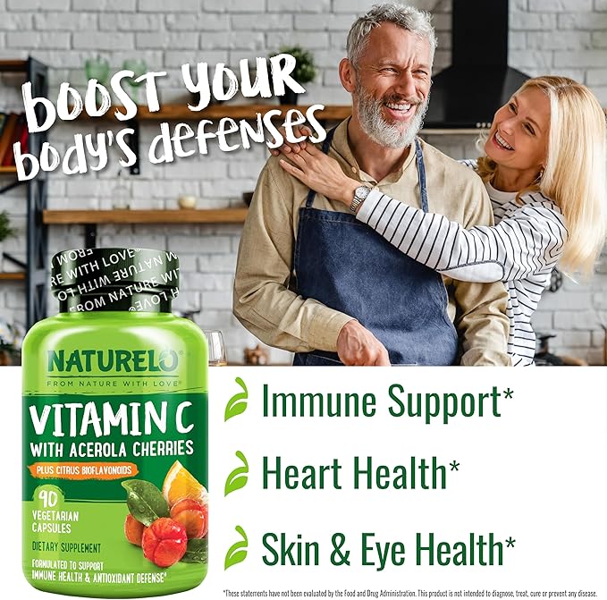 NATURELO Vitamin C with Organic Acerola Cherry Extract and Citrus Bioflavonoids - Vegan Supplement - Immune Support - 500 mg VIT C per Cap - Non-GMO - 90 Capsules